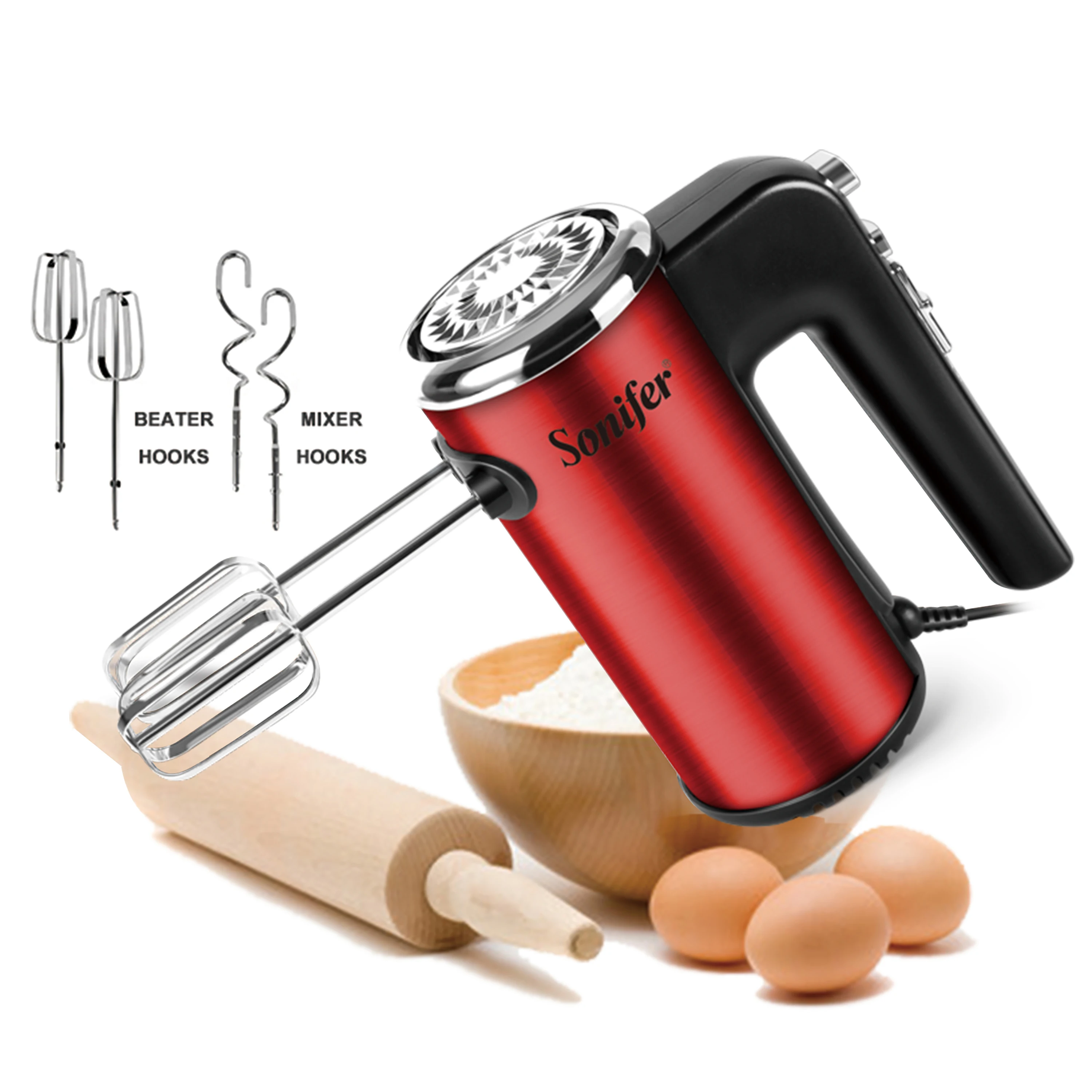 

Красный Миксер для еды, электрический кухонный блендер из нержавеющей стали с крючками для теста, хромированный Миксер для яиц, ручной микс...