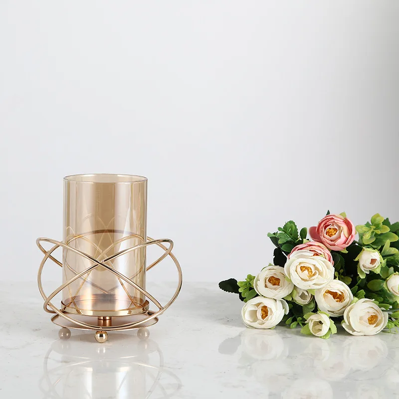 

European Glass Candle Holder Metal Hydroponic Flower Arrangement Living Room Table Aromatherapy Candle Storage Tank Flower Vase