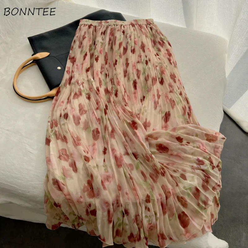 

Плиссированные юбки с принтом, женские литературные винтажные Изящные женские модные летние нежные повседневные праздничные юбки в Корейском стиле ампир