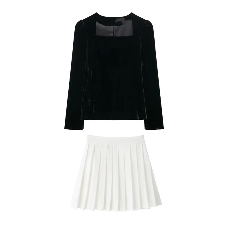 Осенний женский комплект с длинным рукавом и квадратным вырезом плиссированная