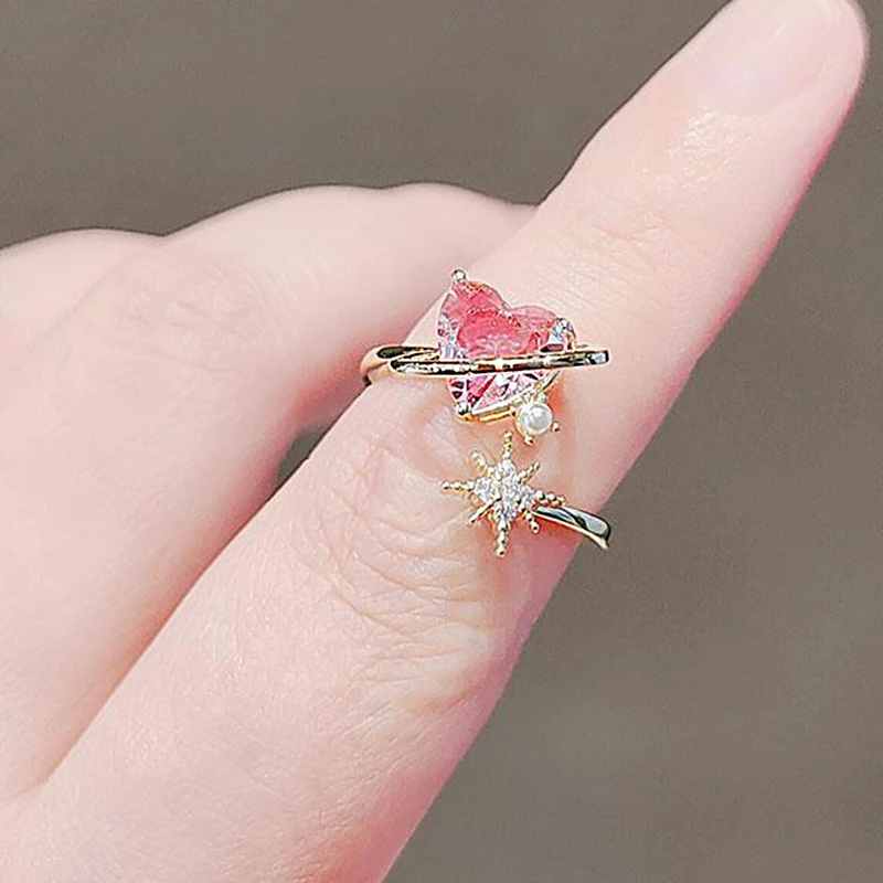 

Hot Sale Trendy Sweet Pink Heart Zircon Ring for Women Luxury Elegant Jewelry Accessories Girl Open Adjustable Index Finger Ring