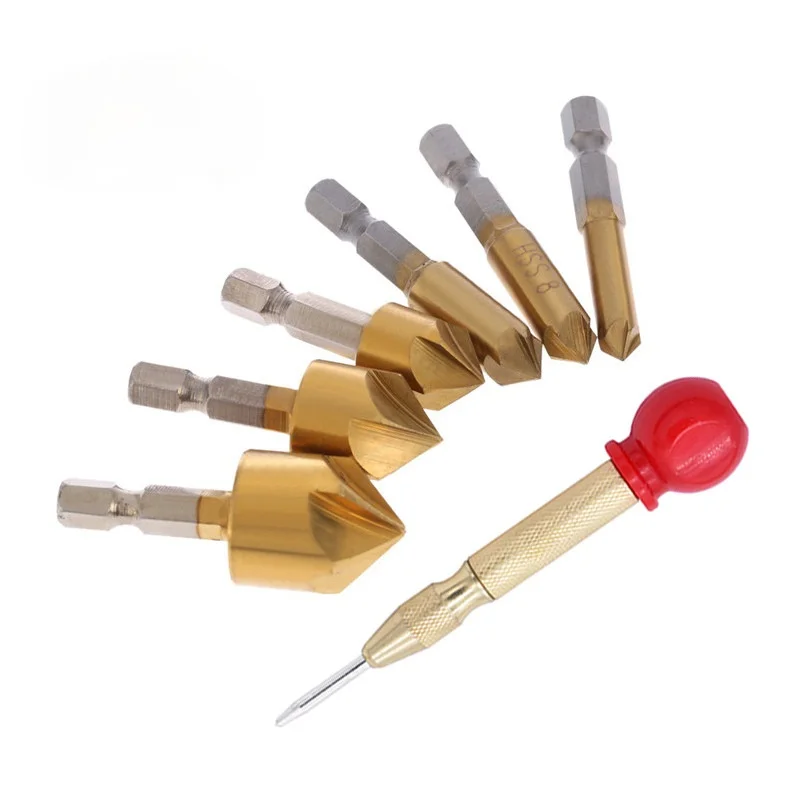 

7pc HSS Chamfer Countersink Chamfer Drill Bit Center Punch 1/4" Hex Shank 90 Degree Wood Chamfering Cutter 6mm-19mm Woodworking