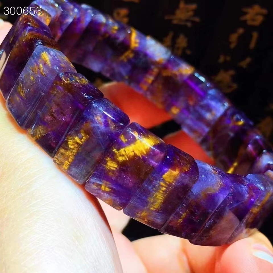 Натуральный браслет из пурпурного рутилированного ауралита 23 с кокаоксенитом, размер 13.8х8.2х6.2 мм, женские бусины из золотого кварца, качество AAAAAA.