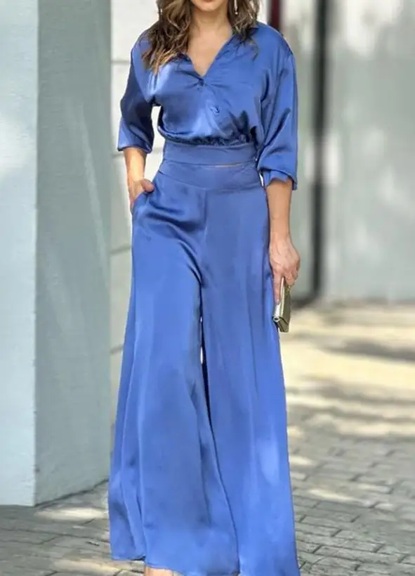 

2023 New Hot Selling Fashion Women's Button Long Sleeve Pleated Top Wide Leg Pants Set