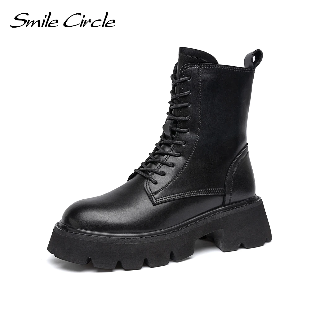 Smile Circle Women Ankle Boots Leather Square Heel Platform Boots in Black Round toe Lace-up Short Boots