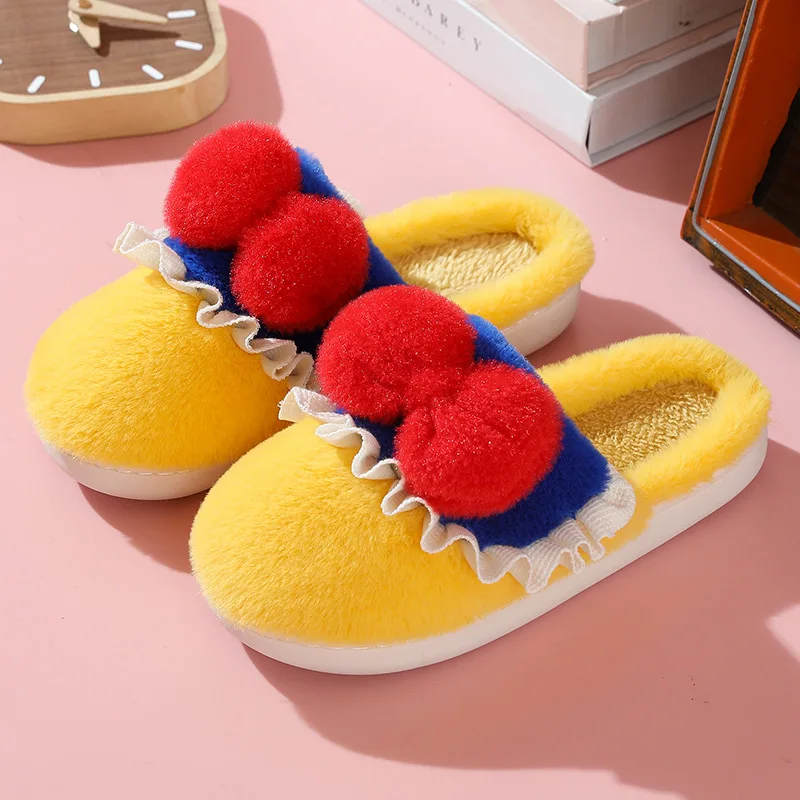 Cotton Slippers Female Male Autumn Winter Shoes Cute Bow Couples Home Indoor Slides Non-slip Warm Plush Ladies Cartoon Slipper