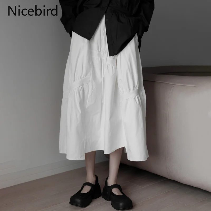 

Nicebird Длинные юбки со складками, женская эластичная плиссированная асимметричная юбка трапециевидной формы с высокой талией и шнурком, осен...