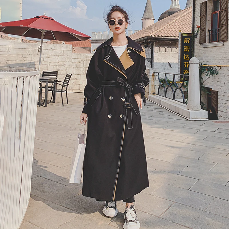 Trench Coat Female Stitching Women's Windbreaker Long Contrasting Color Jacket Fashion Sense Black Design LOOSE Ladies Cloak