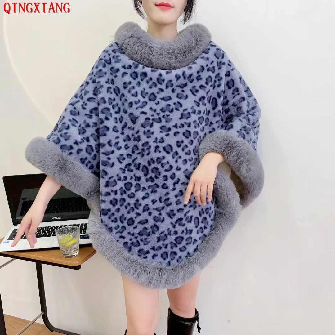 

6 Colors 2022 Blue Leopard Printed Grey Faux Fox Fur O Neck Warm Pullover Winter Out Street Wear Women New Fashion Capes Poncho