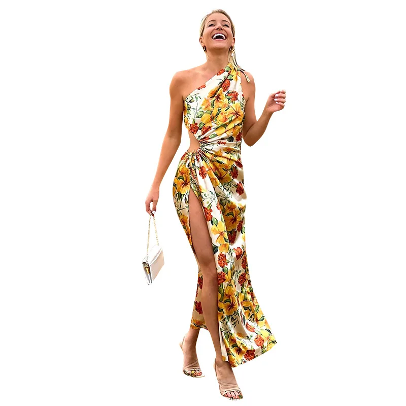 

Летнее платье-пуловер на одно плечо без рукавов с открытой по бокам юбкой с цветочным узором пуловер с завышенной талией повседневное празд...