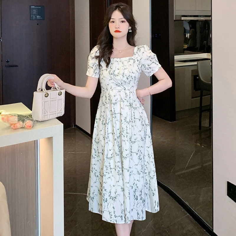 

Robe French Style Vintage Elegant Flower Dress Women Green Korean Style Short Sleeve Midi Dresses Summer 2023