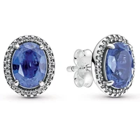 authentic 925 sterling silver sparkling statement halo blue with crystal stud earrings for women wedding gift pandora jewelry