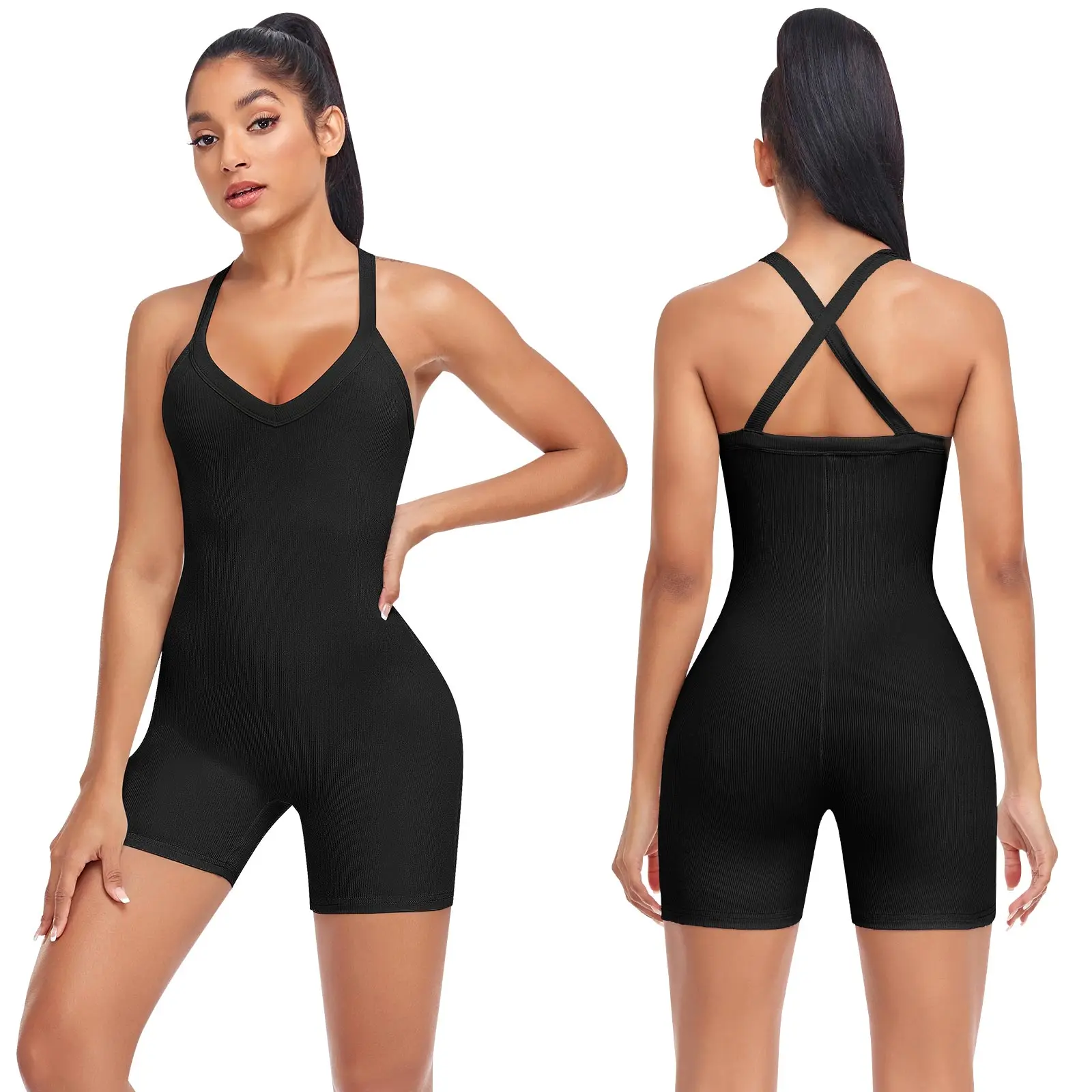 

Women Jumpsuits Sexy One-Piece Tank Top Sleeveless Back Cross Bodycon Bodysuit Catsuit Ribbed Sports Rompers Shorts Summer