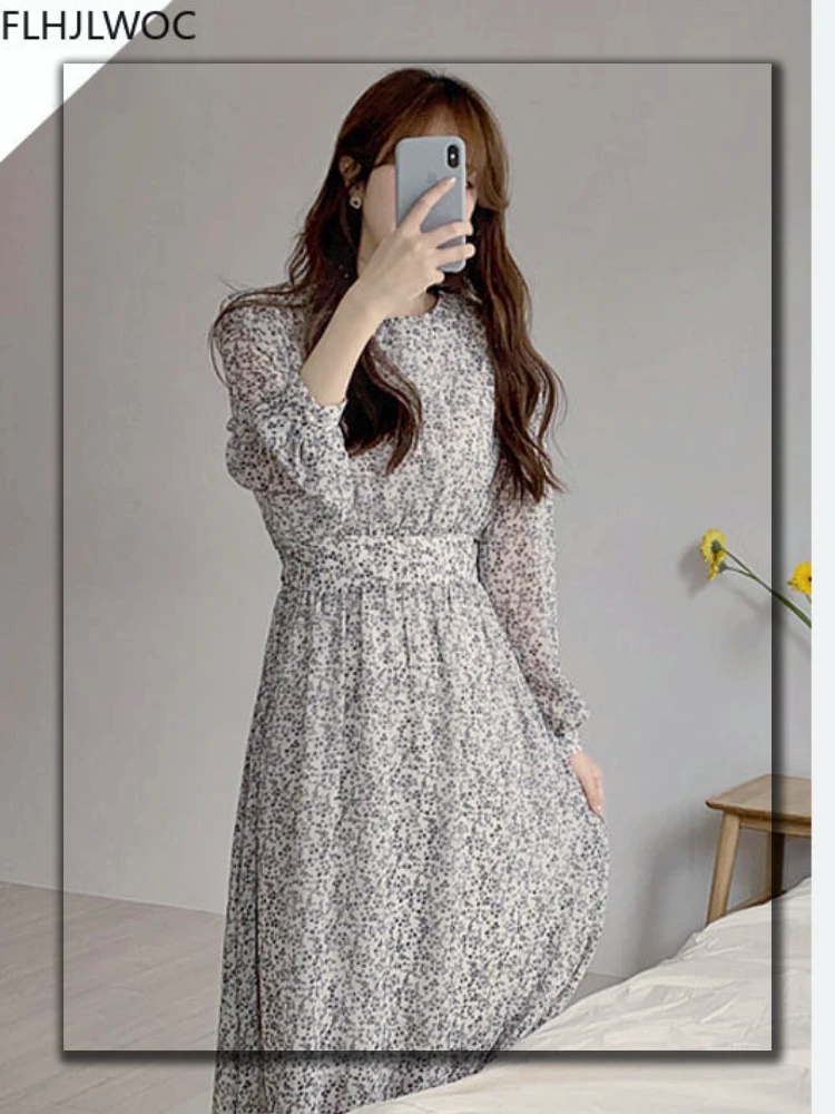 

Женское длинное платье, осенне-весеннее винтажное платье с длинным рукавом и круглым вырезом, с цветочным принтом, модель 00921 в Корейском ст...