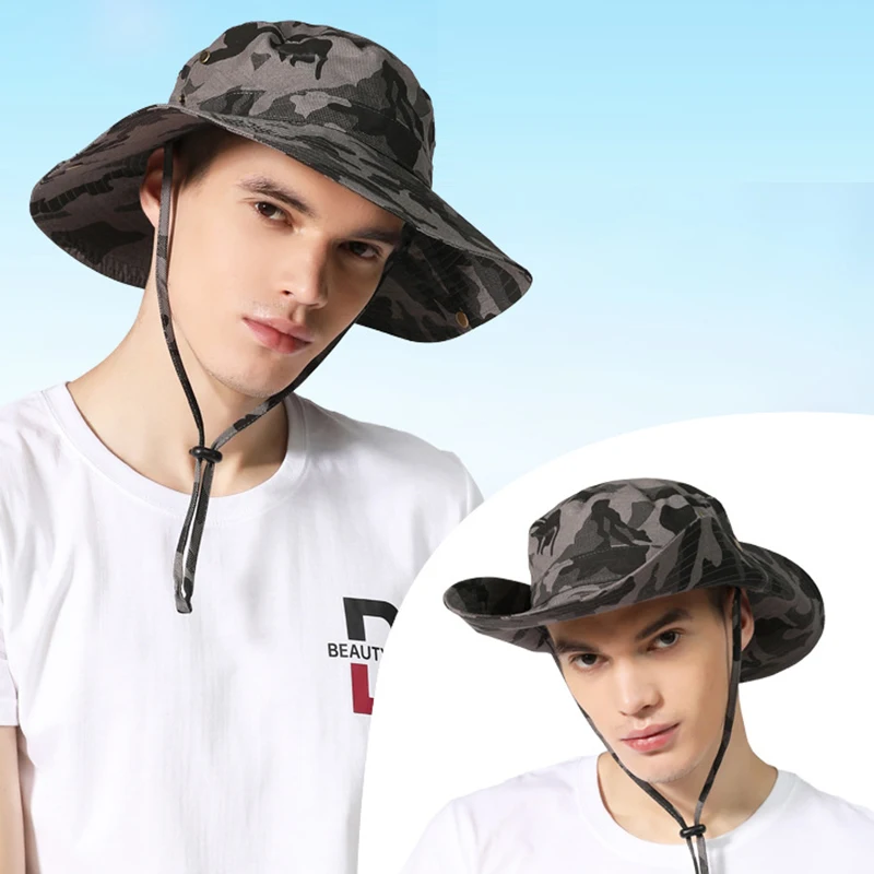 

Камуфляжная шляпа для мужчин и женщин, широкая уличная шапка для защиты от солнца, для рыбалки, широкой окружности головы, кепка для рыбалки в джунглях