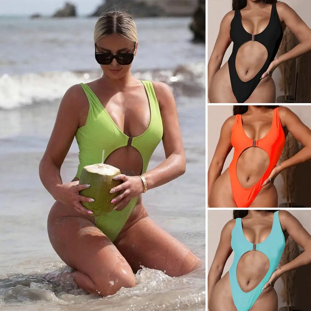 

Женское бикини с мягкими чашечками без косточек, однотонный купальник на лямках, сексуальный Монокини с вырезами, купальник, пляжная одежда