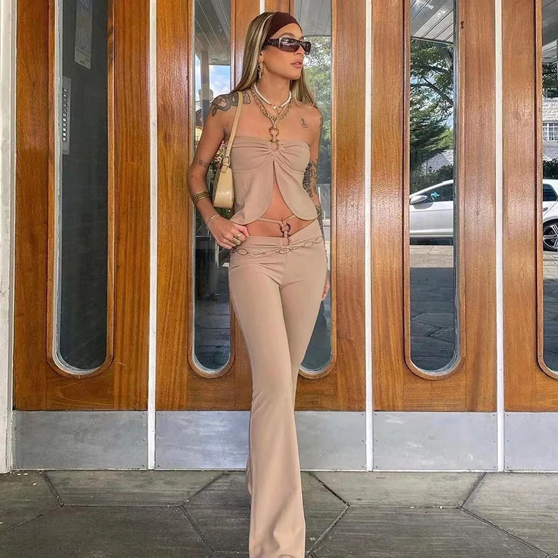 

Casual Solid Color Halter Two Piece Set Women Skinny Sleeveless Bandage Bare Midriff Top + High Waist Slim Female Pants