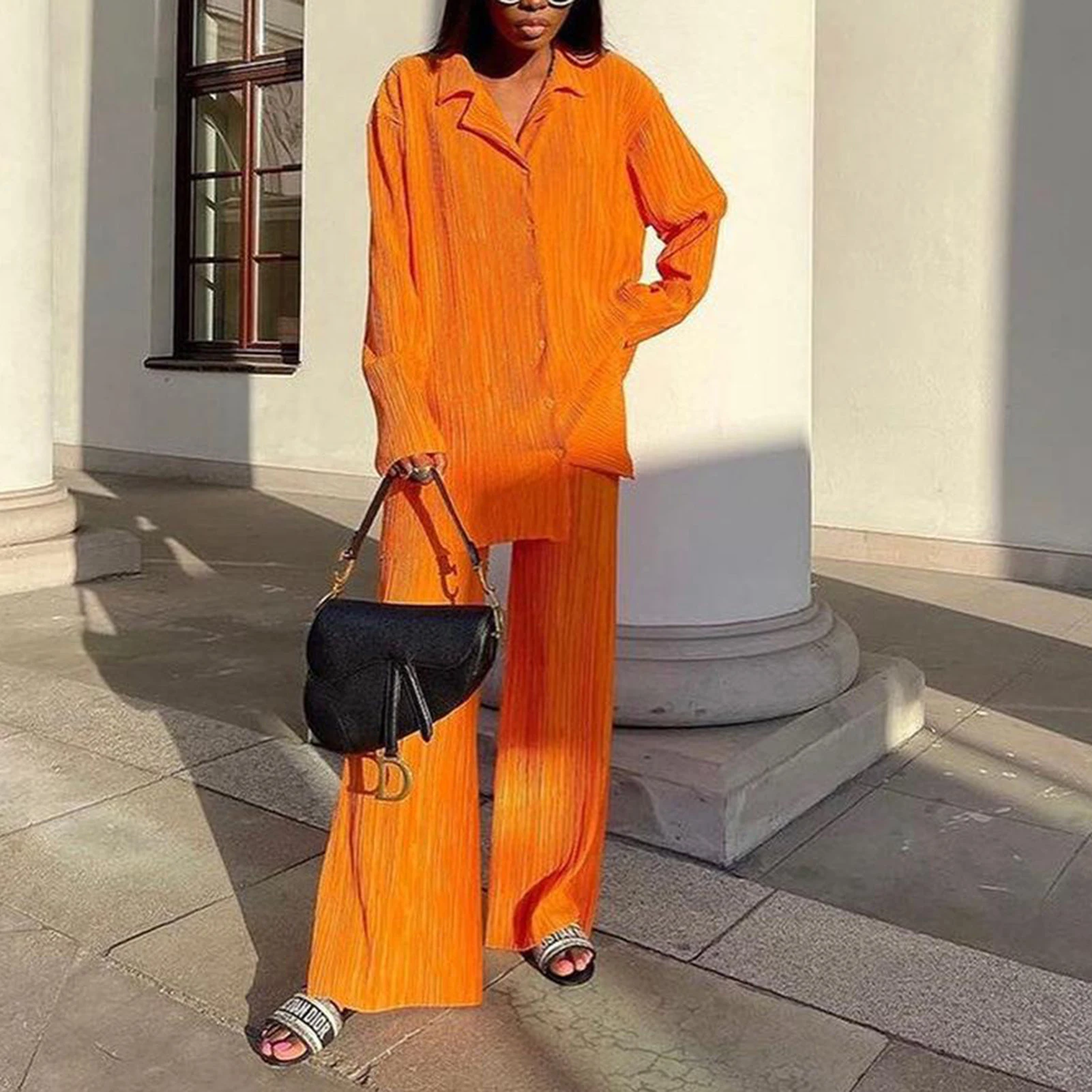 

Корейский элегантный спортивный костюм, комплект из 2 предметов для женщин, однотонная плиссированная блузка, широкие брюки, комплект, модная свободная уличная одежда