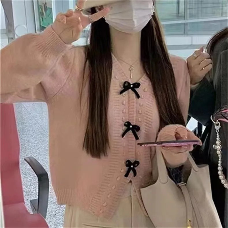 

Новинка осени 2023, милая трикотажная одежда, Женский пуловер с круглым вырезом и бантом, симпатичный облегающий Топ с длинным рукавом для уменьшенного возраста