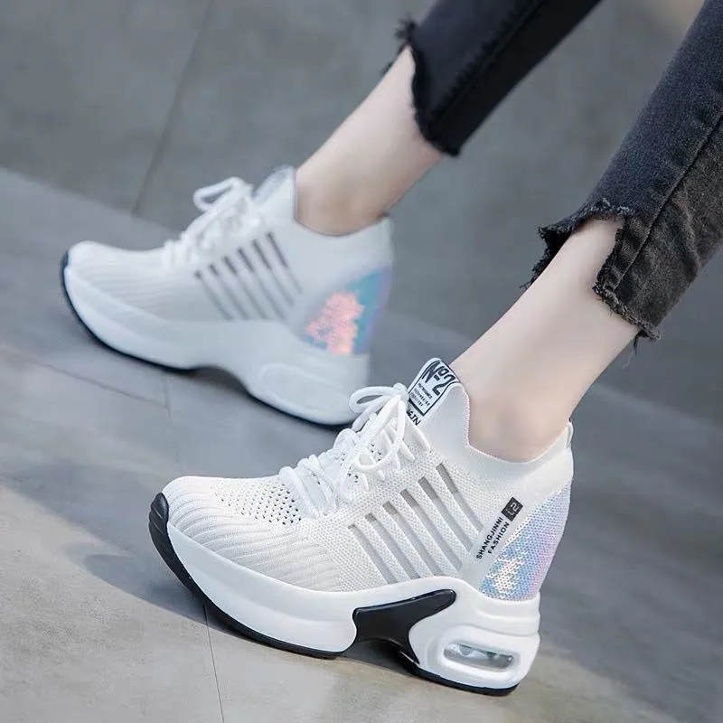 

Air-cushioned Women's Sneakers Running Wedge Platform Sneakers Trainers White Glitter Fly Weaving Breathable Ladies' Casual Shoe