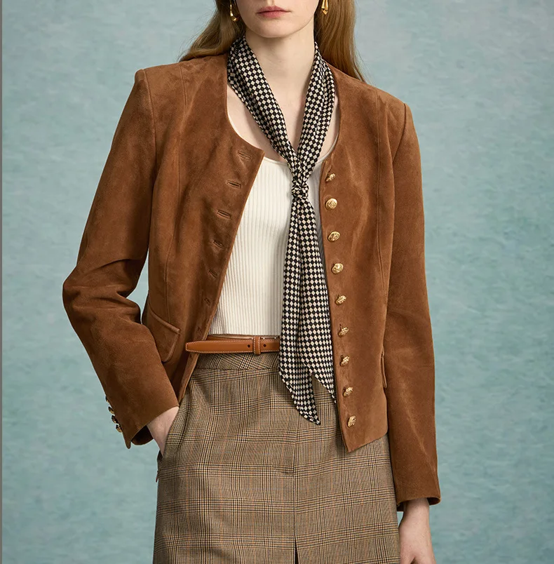 2023 New Genuine Sheepskin Reverse Fleece Round Neck Metal Leather Jacket E22