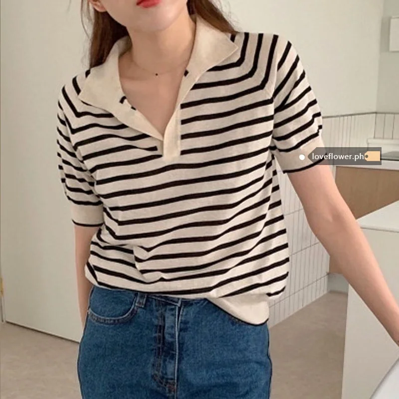 

Fashion lapel striped short-sleeved T-shirt top women
