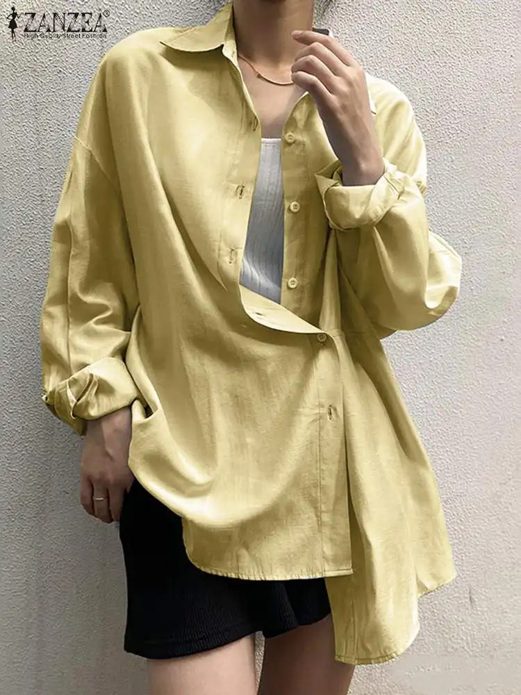 

ZANZEA Spring Women Fashion Shirt Lapel Neck Long Sleeve Elegant Casual Solid Buttons Down Blusas Chemise White Tops 2023