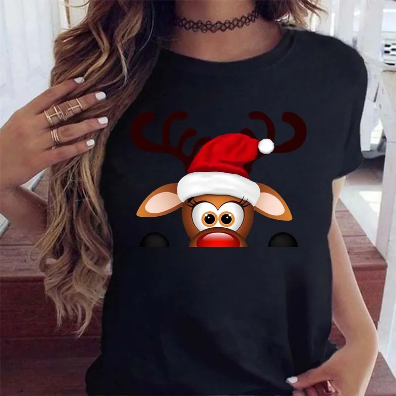 

Одежда с оленем, Рождественская шляпа, женские черные милые футболки с принтом, топы с Санта-Клаусом в стиле Харадзюку для девочек, подходят для всех сезонов, Подарочная одежда