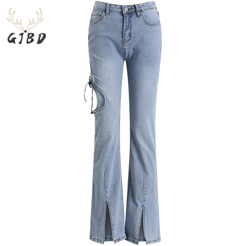 

Women's Clothing Flare Jeans Ripped Slit Straight High Waist Self Cultivation Vintage Casual Fashion Ladies Denim Trouser Summer