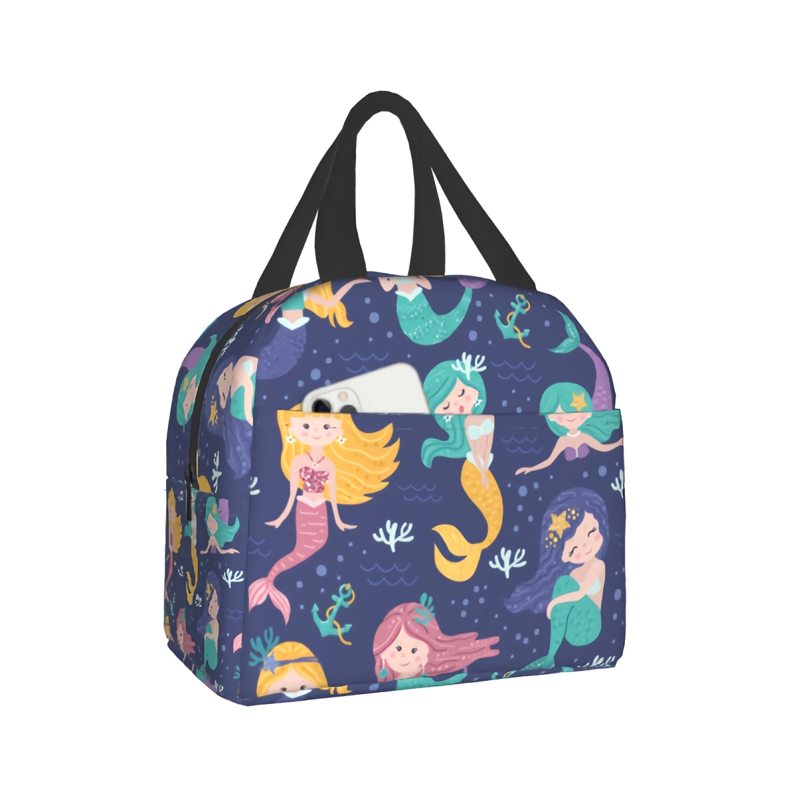 

Cartoon Mermaids Lunch Bag Girly Cooler Bag Cute Blue Insulated Bag for Women Men Teen Girls Boys Office Work School Picnic