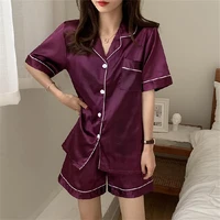 women pajamas sets summer sleepwear short sleeved ice silk night clothing cardigan lapel simulation silk home service suit 2022