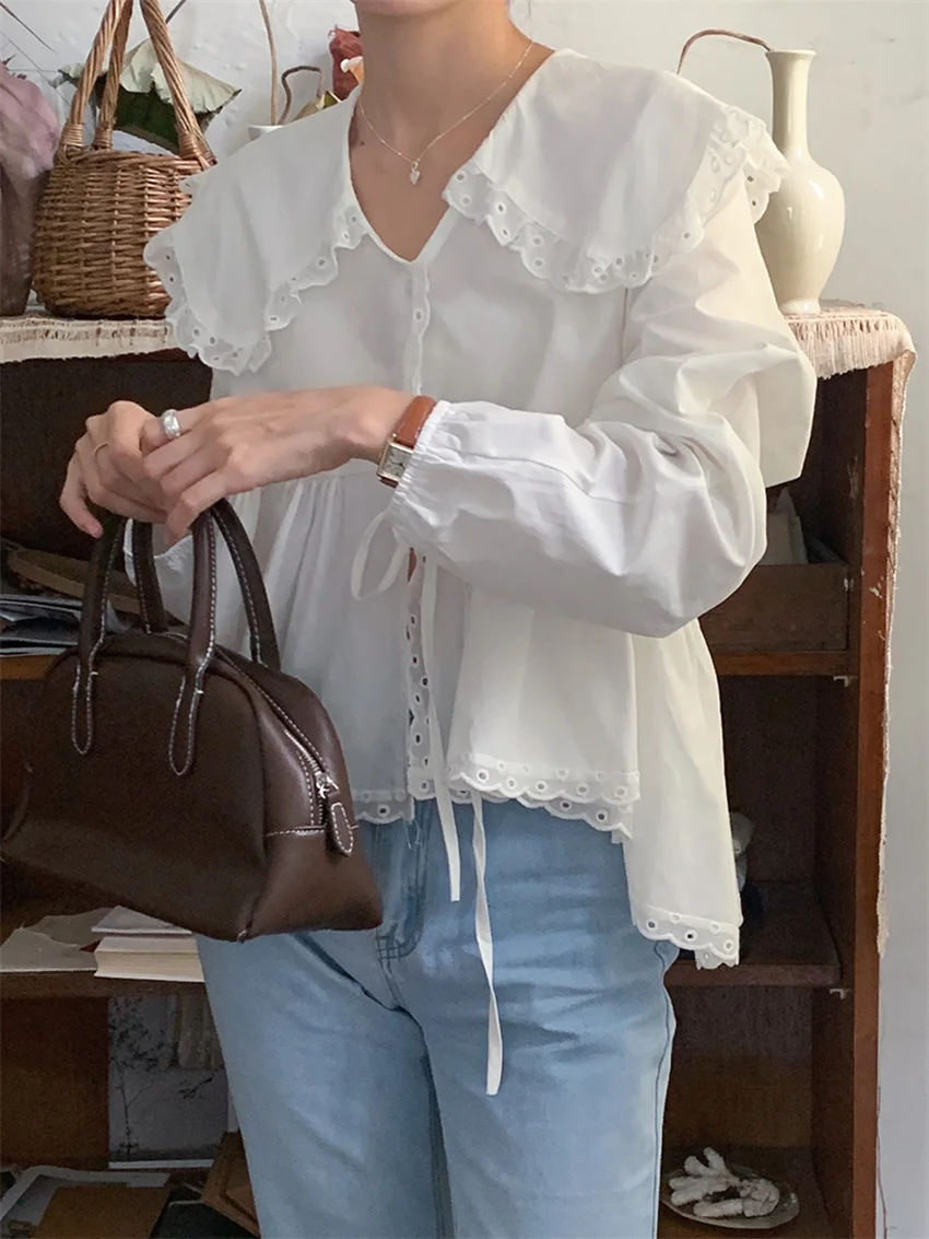 

Alien Kitty White Sweet Daily Shirts Women Solid Spring Chic OL Peter Pan Collar 2023 Office Wear Fashion Casual Gentle Blusas