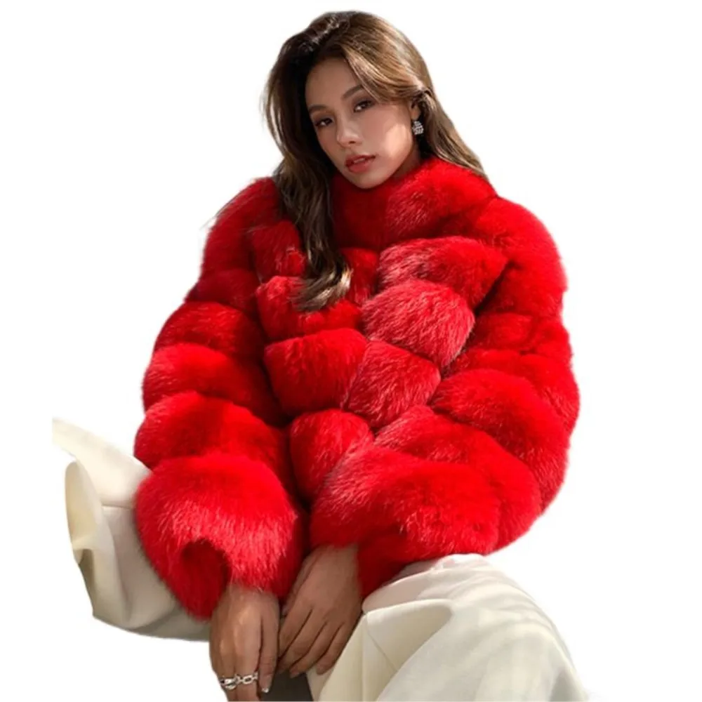 

Horizontal Stripe Luxury Genuine Fox Fur Ladies Jacket Winter Thickening Warm Authentic Fox Red Real Fur Coat For Women Girl