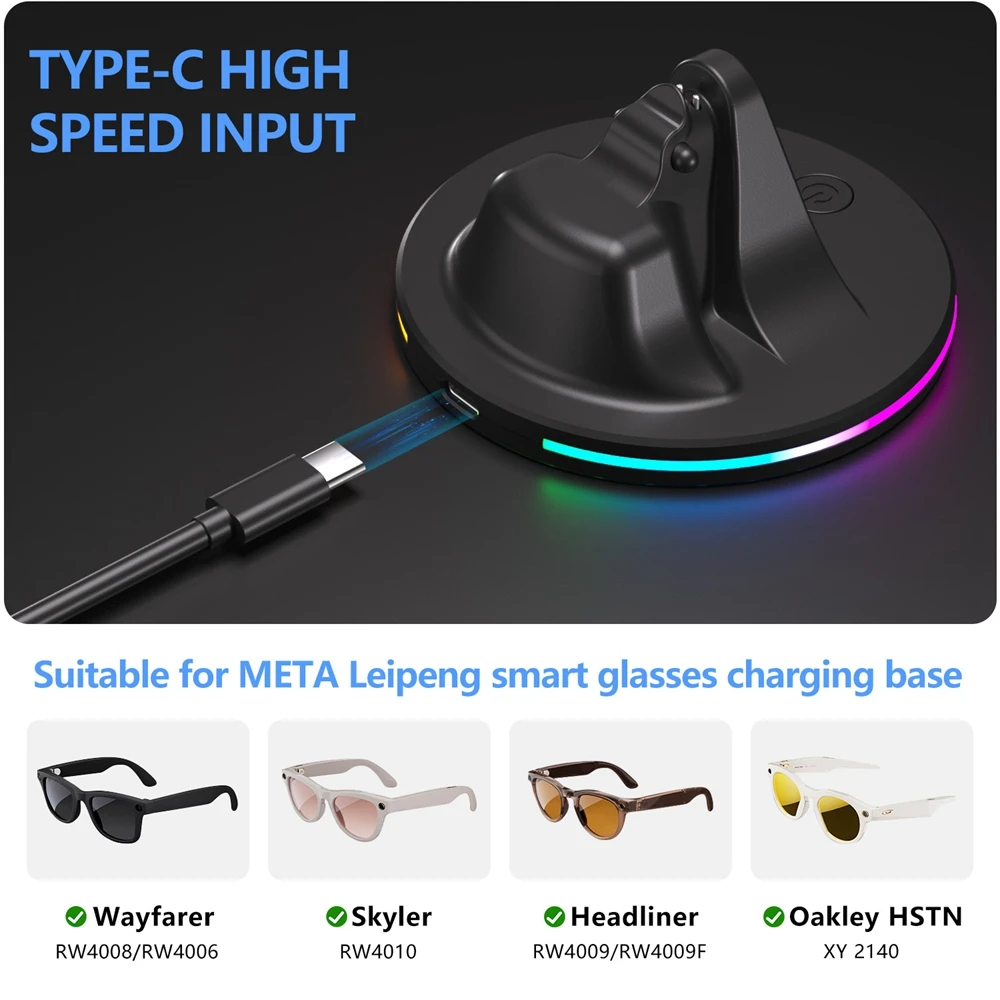 Фото Подставка для зарядного устройства Rayban Meta Smart AI Glasses Мини-зарядная станция Wayfarer/Skyler/Headliner с кабелем типа C и RGB-подсветкой №4