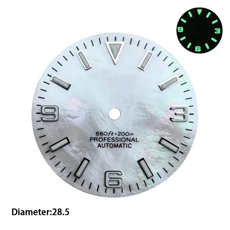 28.5mm Green Luminous Modification  Dial Watches Accessories for NH35  Automatic Movement  Oyster style Fritillaria noodles With