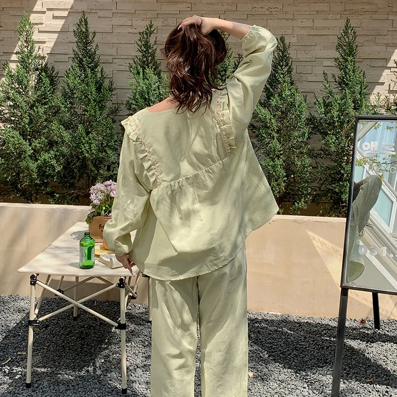 Cotton Pajamas for Women's Summer Thin Cool Feeling Long-sleeved Trousers Ruffled Fresh and Sweet Home Service Suit Loungewear