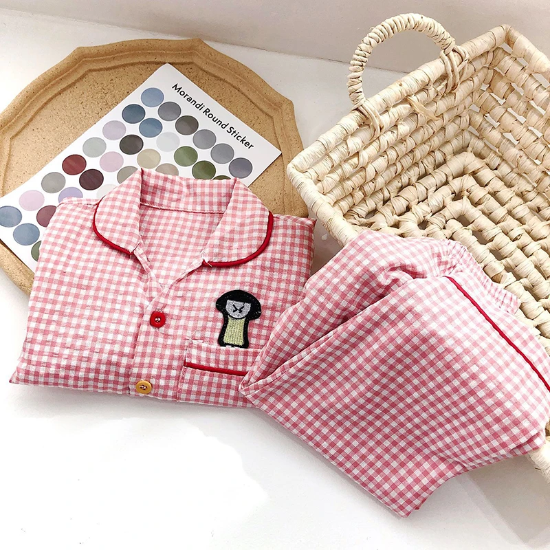 Girls Home Clothes Set Spring Autumn Boys Embroidered Top With Plaid Trousers 2 Piece 3-7Y Unsex Comfortable Pajama Clothes