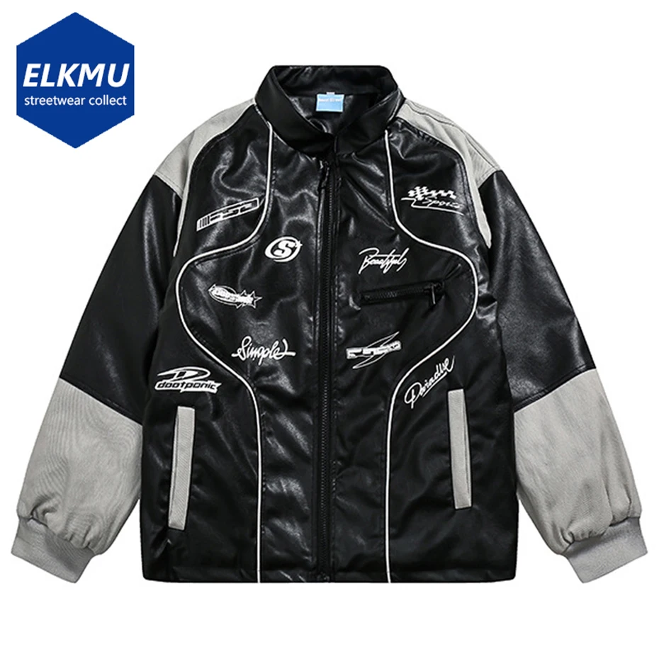 

2022 Men's Winter Padded Leather Jackets Irregular Patchwork Fashion Stand Collar Black Zipper Coat for Male