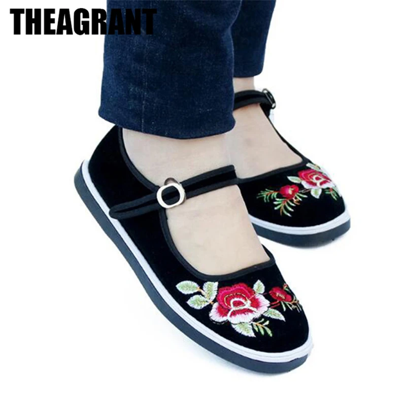 

THEAGRANT 2022 Middle-age Older Women Flats Summer Embroider Breathable Mary Janes Mom Casual Lady Work Shoes Plus Size WFS3020