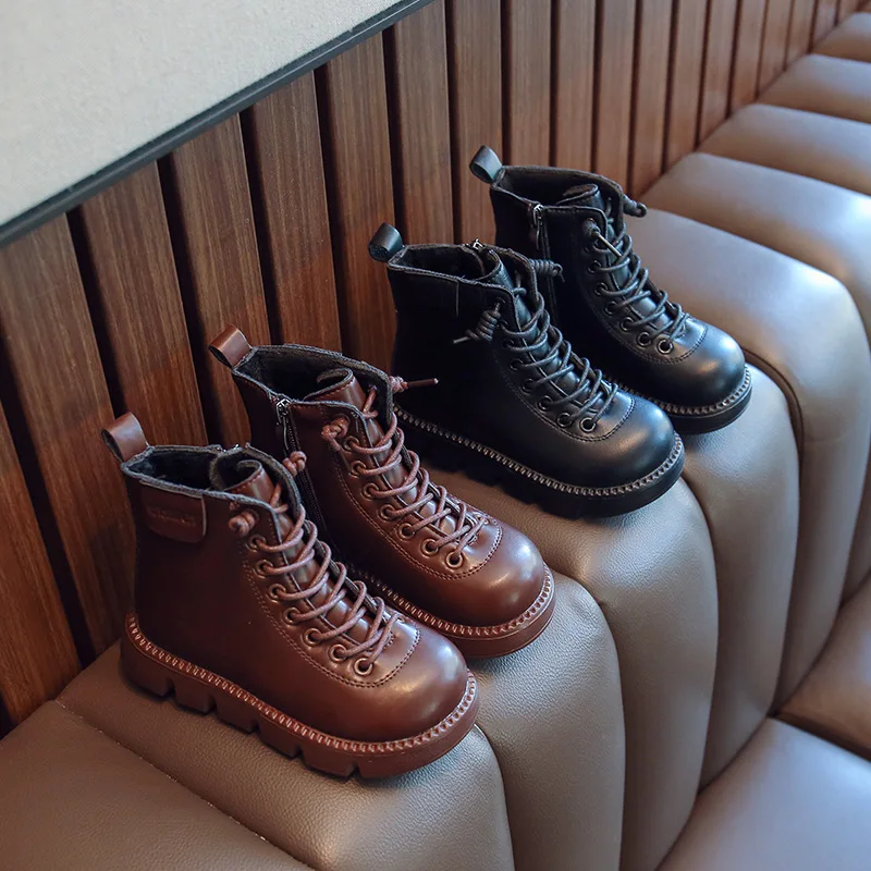 

Child Ankle Boots French Girls Retro Classic Solid Brown Narrow Band Round-toe Thin Cotton Spring and Autumn Boys Casual Shoes