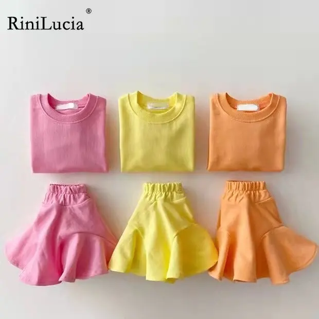 

RiniLucia Kids Long Sleeve Clothes Set Casual Sweatshirt Tracksuit Infant Girl Solid Ruffle Skirts Fashion Children 2pcs Suit