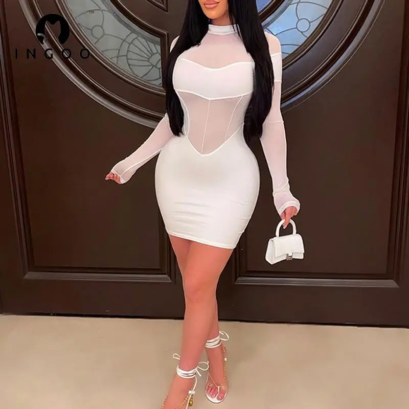 

INGOO Mesh Patchwork Sexy Long Sleeve Dresses Women Party Night Hollow Out See Through White Bodycon Dress Backless Club Outfits