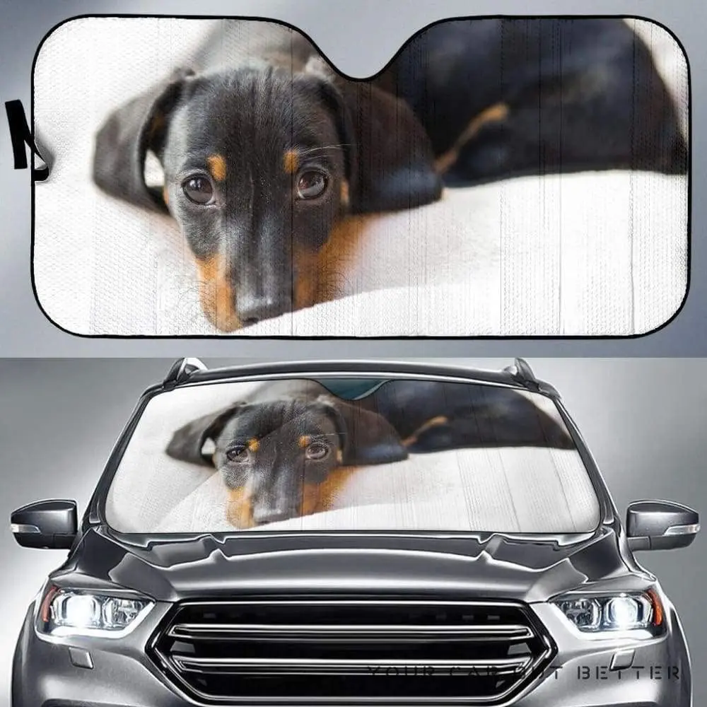 

Cute Dachshund Dog Lying On White Bed Image Print Car Sunshade, Funny Black and Tan Dachshund Doxie Lover Auto Sun Shade, Windsh