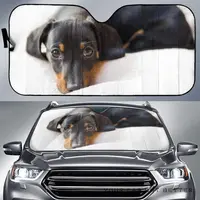 Cute Dachshund Dog Lying On White Bed Image Print Car Sunshade, Funny Black and Tan Dachshund Doxie Lover Auto Sun Shade, Windsh