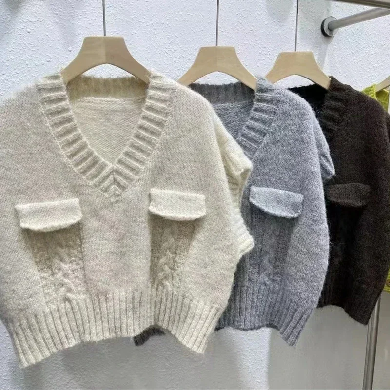 Осень-весна винтажные вязаные пуловеры с v-образным вырезом жилеты женские серые