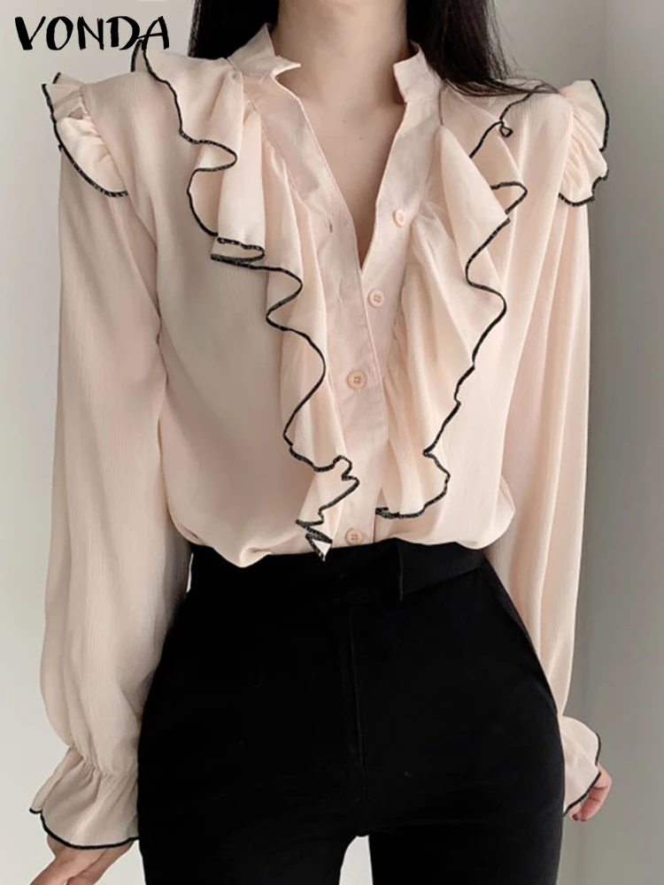 

Casual Women Office Shirts 2022 VONDA Sexy V Neck Lace Ruffled Tops Femme Elegant Flare Sleeve Button Up Blouse Blusas Femininas