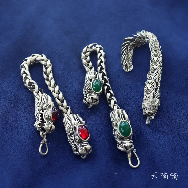 Персонализированный браслет с головой дракона ручной работы Miao Серебряный Драгоценный Камень прочный браслет для мужчин и женщин