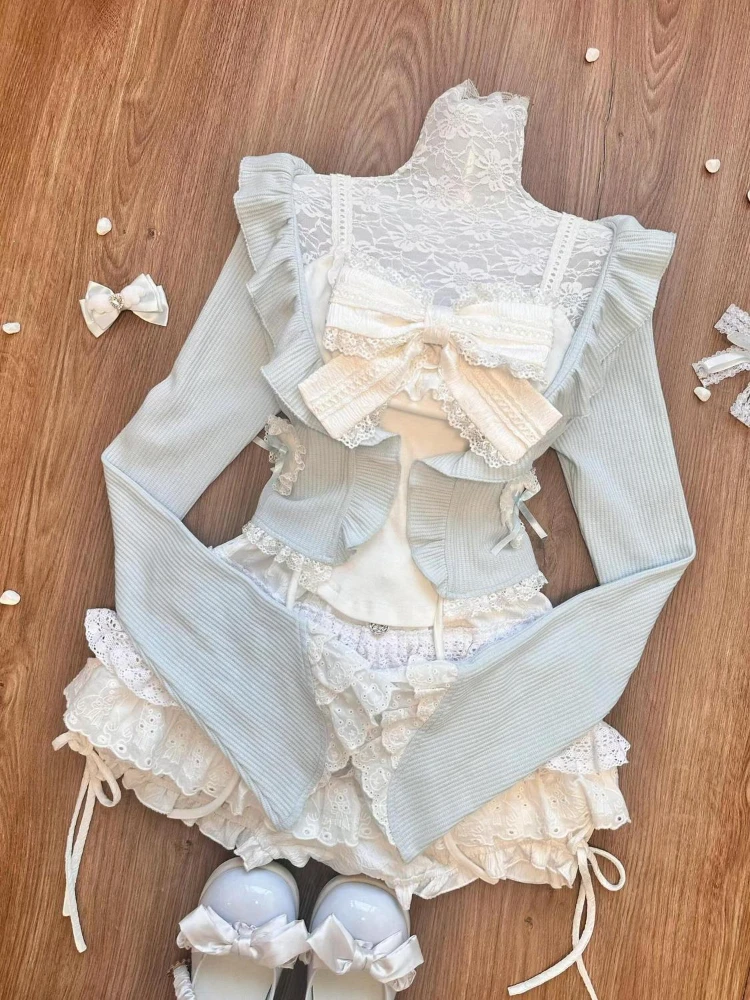 Милый комплект из 3-х предметов для женщин Harajuku кардиган с рюшами + кружевной