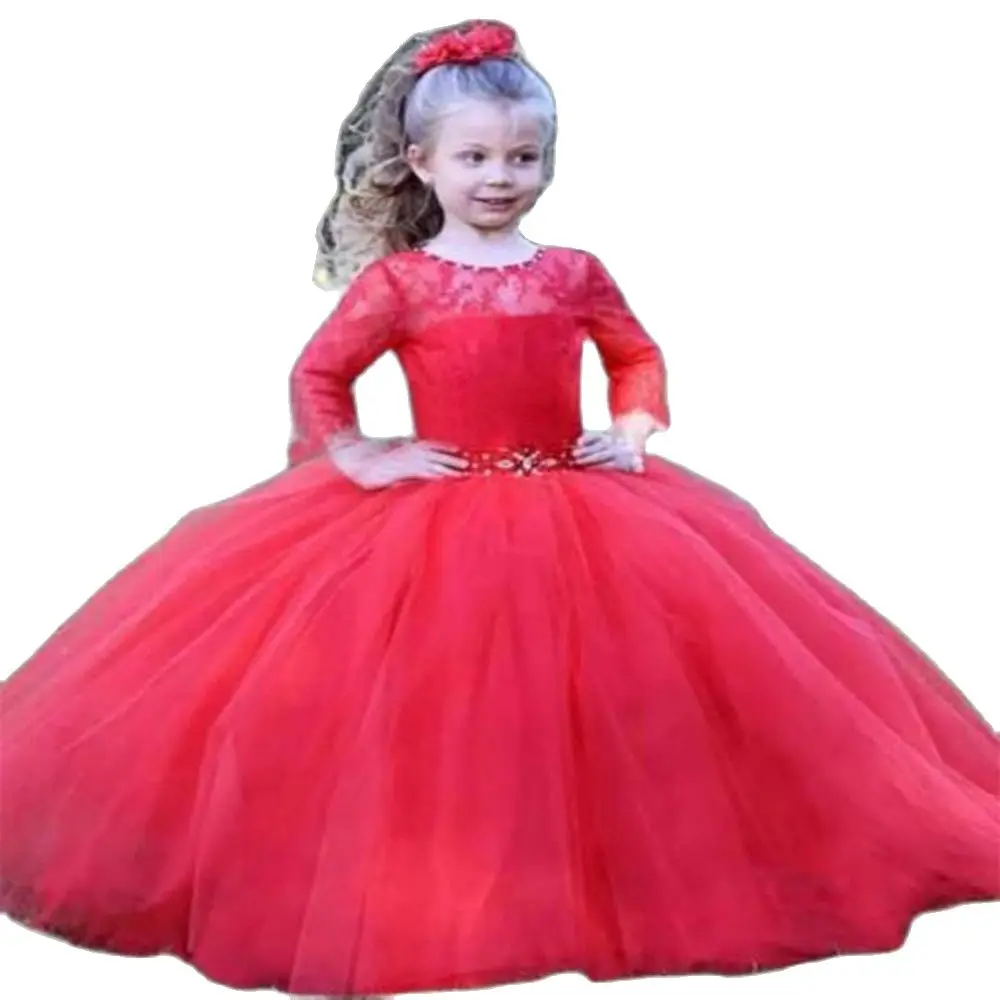 

Ball Gown Flower Girl Dresses Sheer Jewel Neck Illusion Long Sleeves Red Lace Tulle Floor Length Girl Pageant Gowns with Crystal