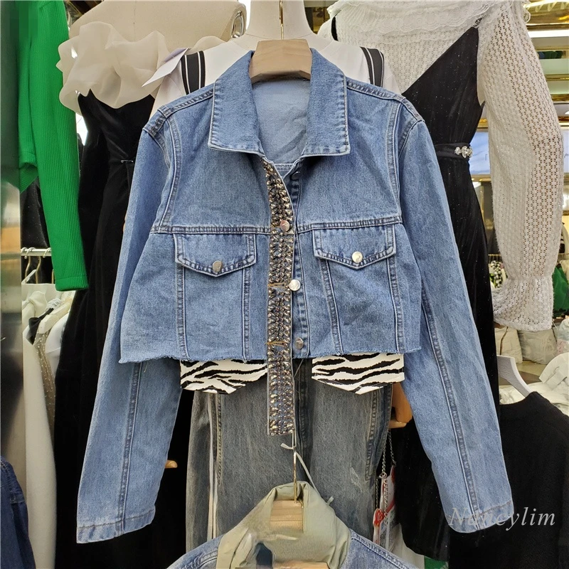

Classic Style Short Denim Jacket for Women 2022 Spring and Autumn Fashion Student Cute Temperament Rhinestones Coat Femme